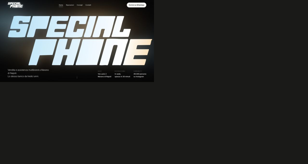 Home Special Phone: grande titolo azzurro e crema su fondo scuro, navigazione e informazioni del negozio